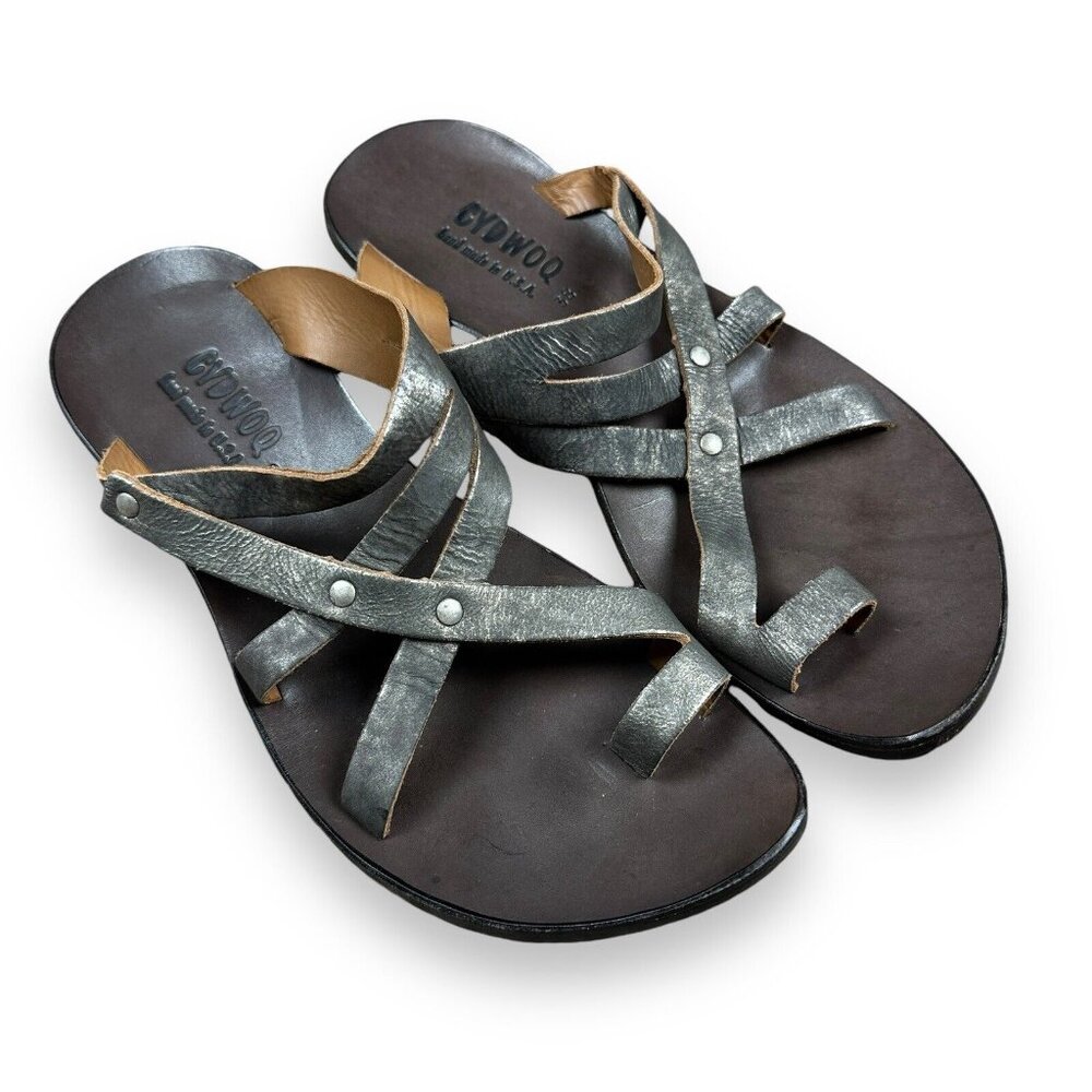 Cydwoq Women’s Metallic Gray Leather Strappy Sandals